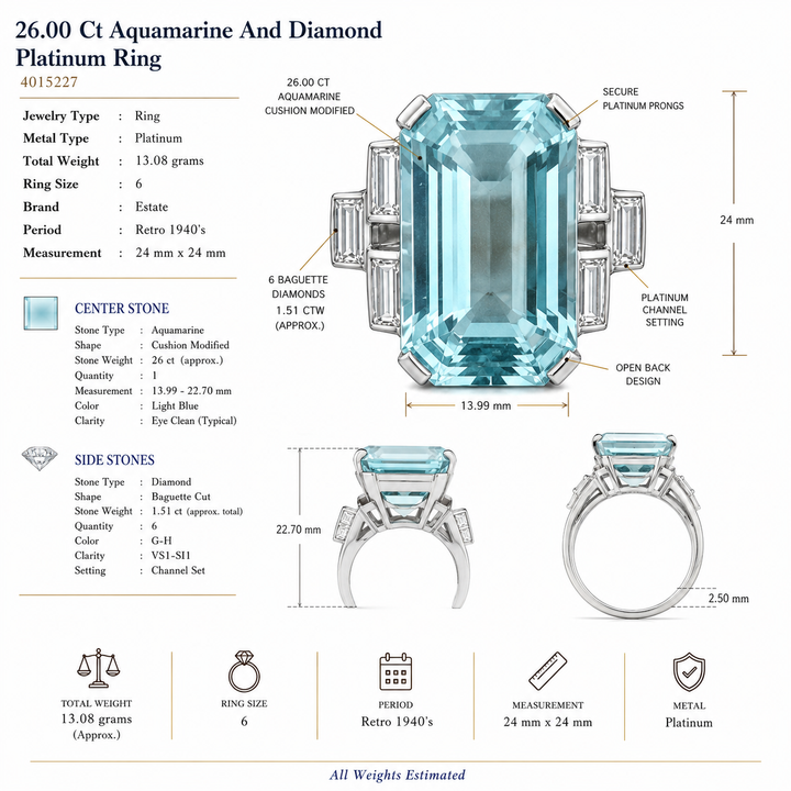 Circa 1940's 26.00 ct Aquamarine and Diamond Platinum Ring