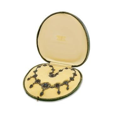 Victorian Harvey & Core Sapphire & Rose Cut Diamond Silver/14K Gold Necklace with Original Fitted Box