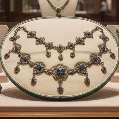 Victorian Harvey & Core Sapphire & Rose Cut Diamond Silver/14K Gold Necklace with Original Fitted Box