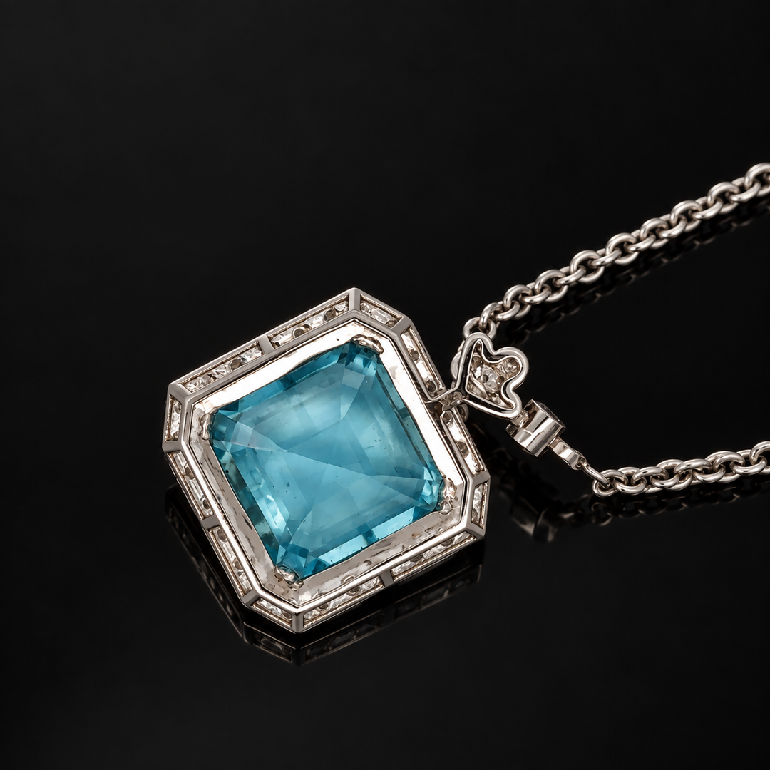 Estate Designer 5.42ct Santa Maria Aquamarine and Diamond 14K White Gold Necklace