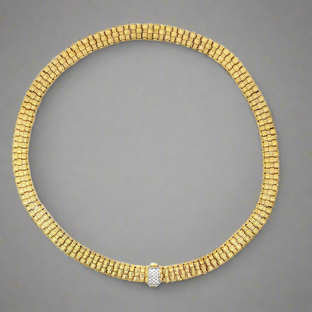 Roberto Coin Appassionata Basket Weave 18K Yellow Gold and Diamond Necklace