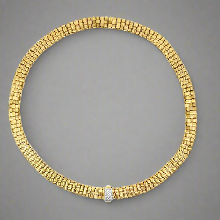 Roberto Coin Appassionata Basket Weave 18K Yellow Gold and Diamond Necklace