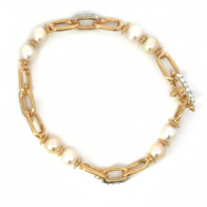 Freshwater Pearl and Lab Diamond Station Paperclip Bracelet