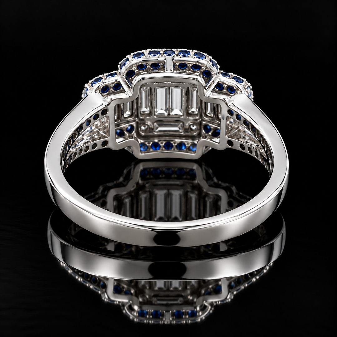 Estate Designer Diamond & Sapphire 18KT White Gold Ring