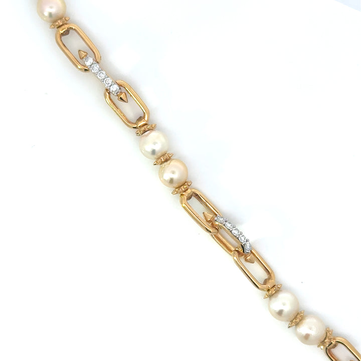 Freshwater Pearl and Lab Diamond Station Paperclip Bracelet