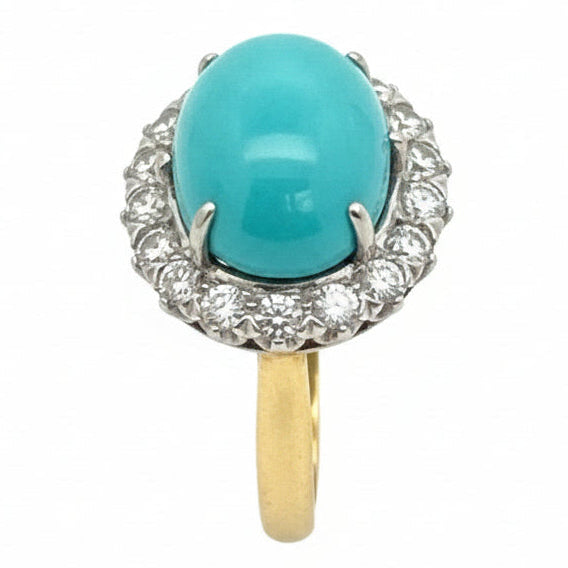 Rare No Treatment/ Natural Turquoise Cabochon and Diamond 18Kt Yellow Gold and Platinum Ring (GIA)