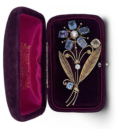 Estate Circa 1930 Tiffany & Co Blue and Yellow Sapphire, Diamond, Pearl Brooch