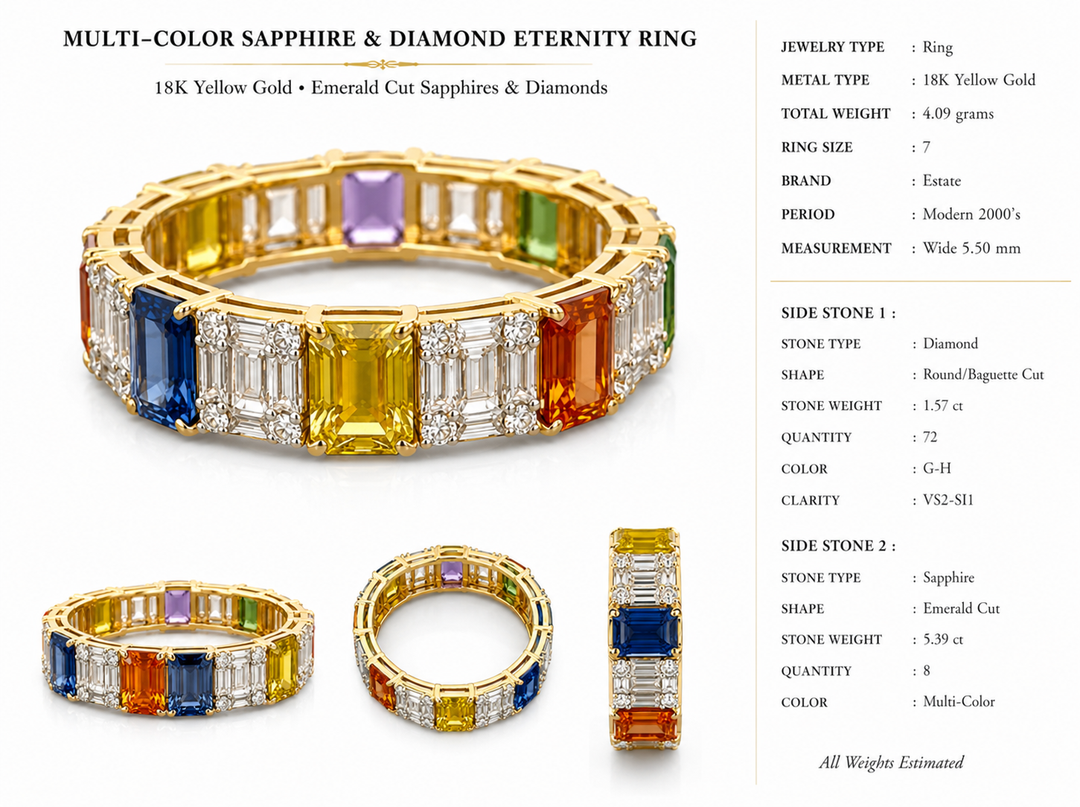 Modern 5.39cttw Multi Color Sapphire and Diamond 18Kt Yellow Gold Eternity Ring