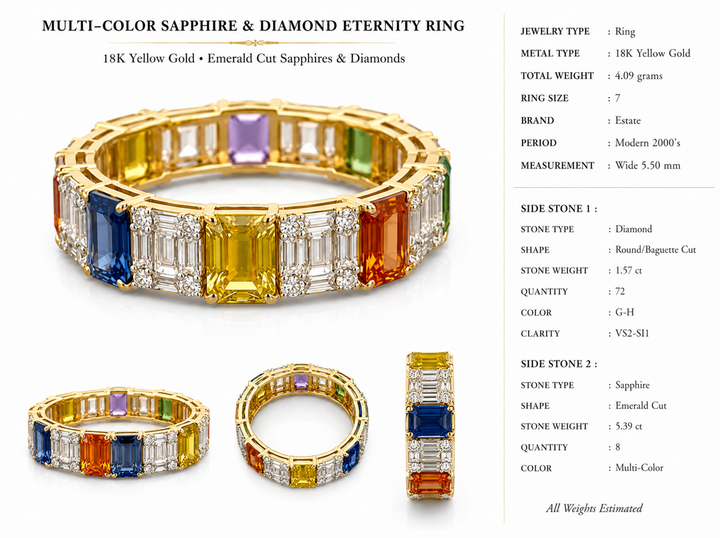 Modern 5.39cttw Multi Color Sapphire and Diamond 18Kt Yellow Gold Eternity Ring
