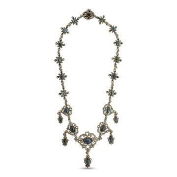 Victorian Harvey & Core Sapphire & Rose Cut Diamond Silver/14K Gold Necklace with Original Fitted Box