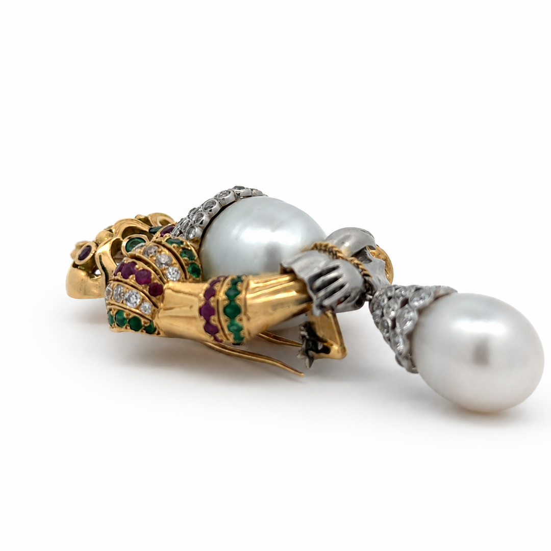 Estate Royal Coronation Diamond, Emerald, Burma Ruby, South Sea Pearl Pendant/Brooch 18Kt Yellow/White Gold