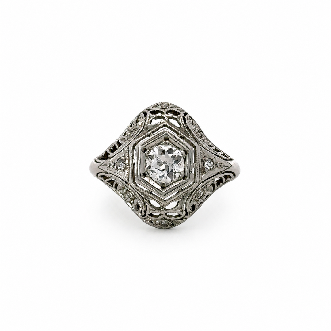 Art Deco Platinum Old European Cut Diamond Filigree Ring – 0.34 CTW