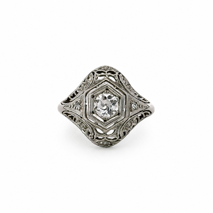 Art Deco Platinum Old European Cut Diamond Filigree Ring – 0.34 CTW