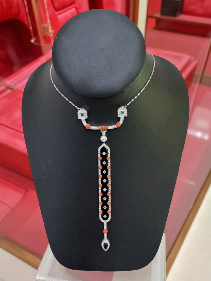 Art Deco Style Diamond, Coral, Emerald, Pearl and Onyx 18K White Gold Necklace