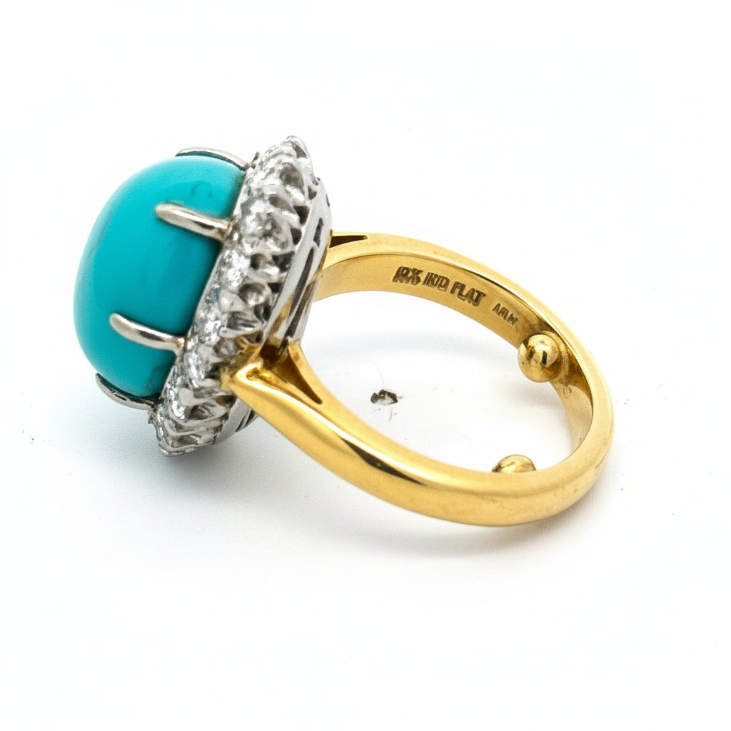 Rare No Treatment/ Natural Turquoise Cabochon and Diamond 18Kt Yellow Gold and Platinum Ring (GIA)