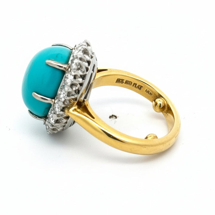 Rare No Treatment/ Natural Turquoise Cabochon and Diamond 18Kt Yellow Gold and Platinum Ring (GIA)
