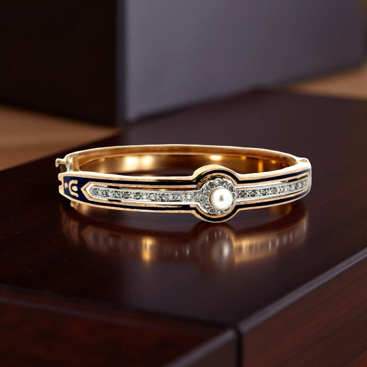 Victorian Diamond, Pearl and Blue Enamel 14K Yellow Gold Bangle