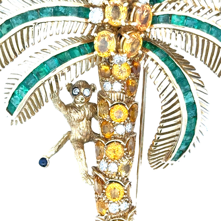 Italian Modern 1980's 18K Yellow God 15.00 cttw Yellow Sapphire, Emerald and Diamond Monkey on Palm Tree Brooch
