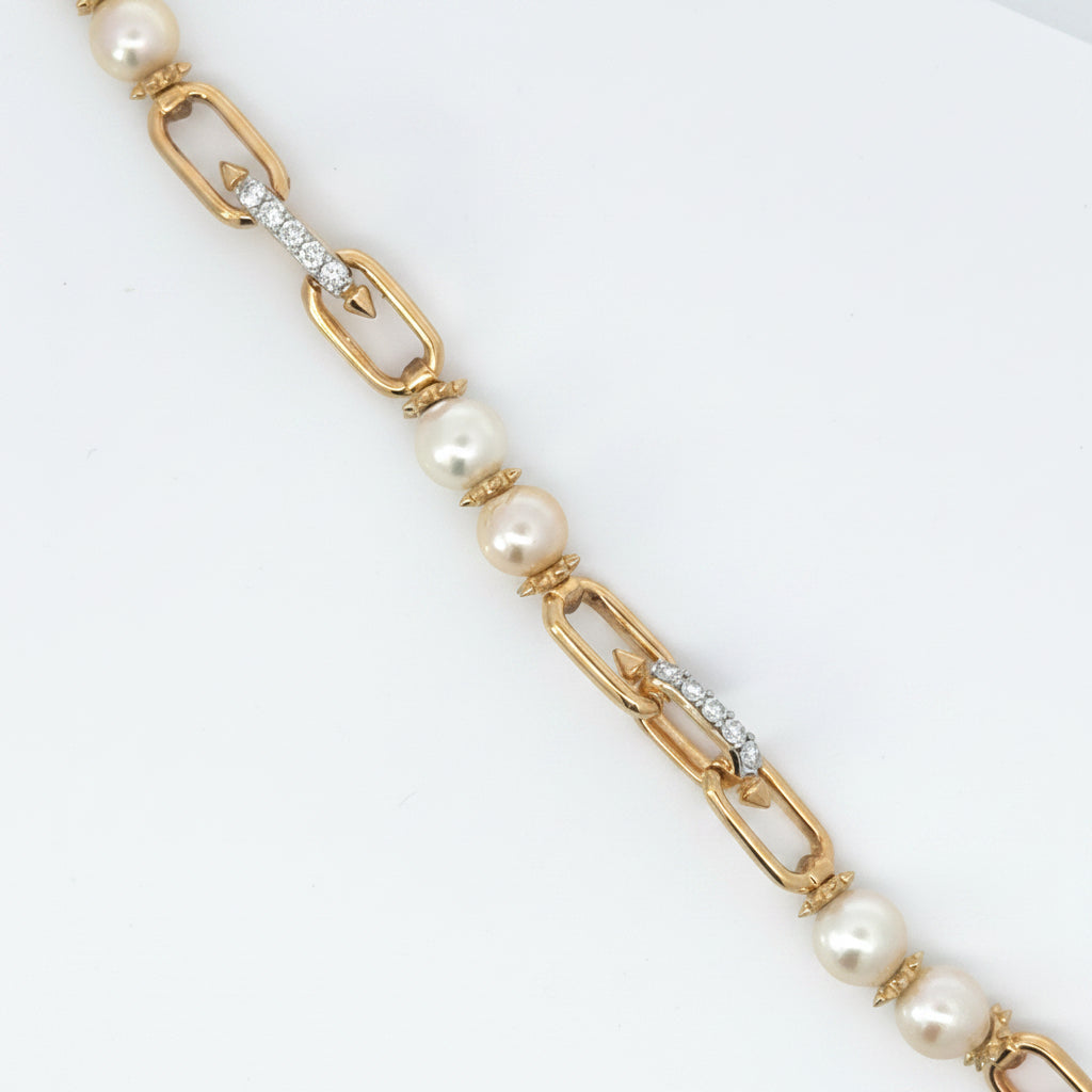 Freshwater Pearl and Lab Diamond Station Paperclip Bracelet