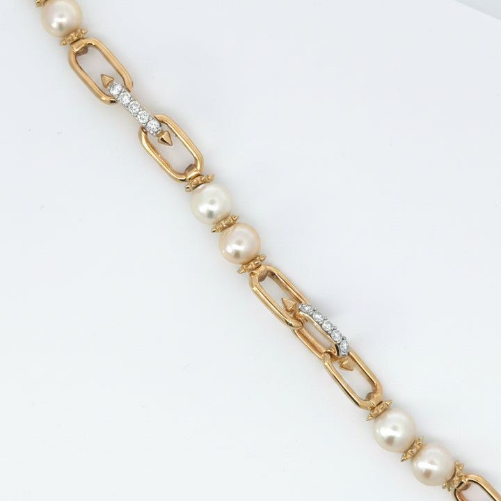 Freshwater Pearl and Lab Diamond Station Paperclip Bracelet