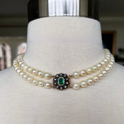 Antique Double Pearl Strand with Diamond and Emerald Clasp Necklace