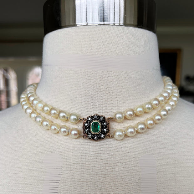 Antique Double Pearl Strand with Diamond and Emerald Clasp Necklace