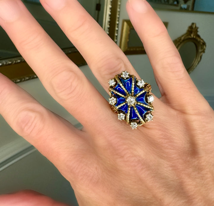 Diamond, Blue Enamel and 14K Yellow Gold Antique Ring