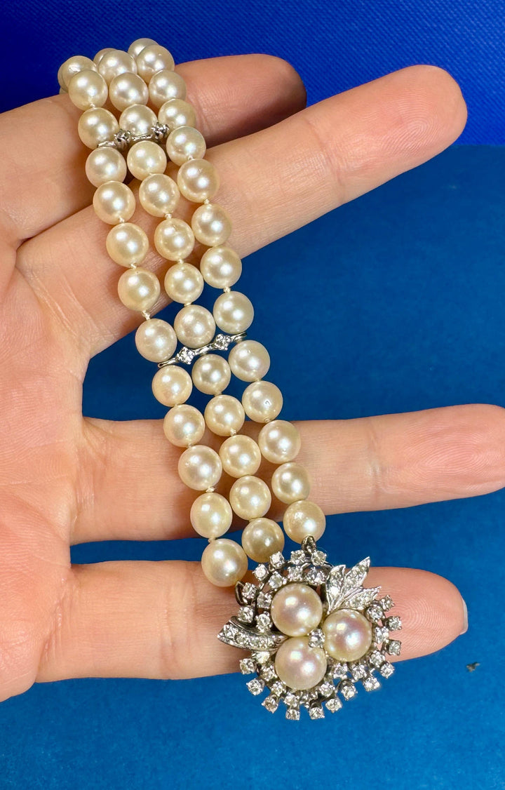 Multi Row Cultured Pearl and Diamond 14k White Gold Bracelet