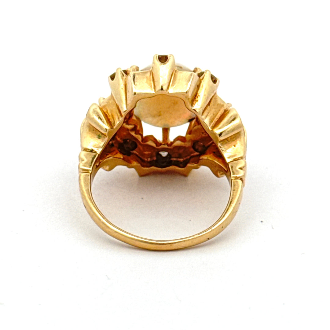 Estate Opal, Diamond and Blue Enamel 14K Yellow Gold Ring