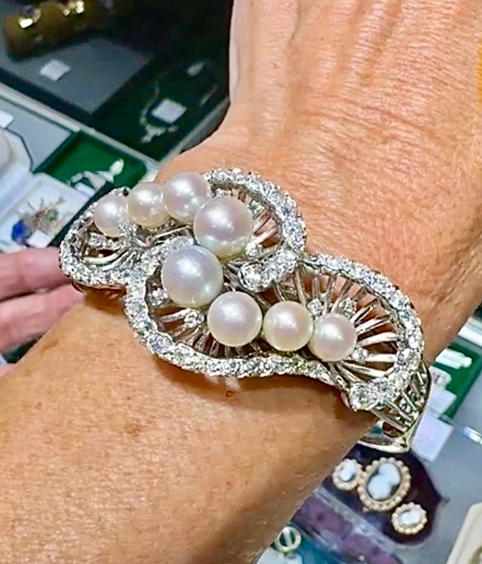1960's Cultured Pearl Diamond 14K White and Yellow Gold Bangle