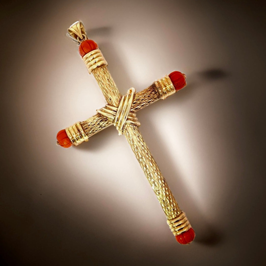 Estate "The Italian Holy Grail Coral Cross" 14K Yellow Gold Pendant 5" Inches Long 14294