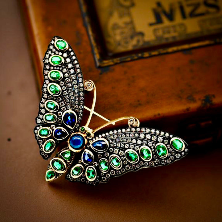Estate Sapphire Emerald Diamond 14K Yellow Gold Silver Top Butterfly Brooch/Pendant 15337