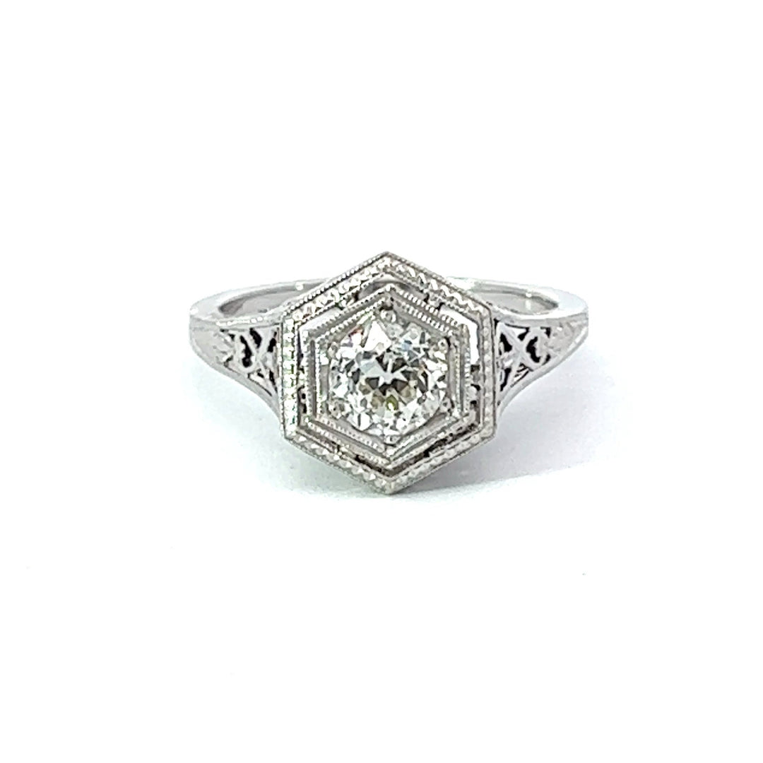 Art Deco Old European Cut Diamond Filigree Platinum Engagement Ring