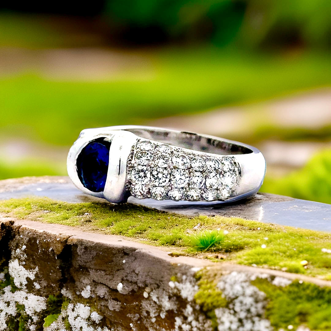 Sapphire, Diamond and 18K White Gold Tapered Ring