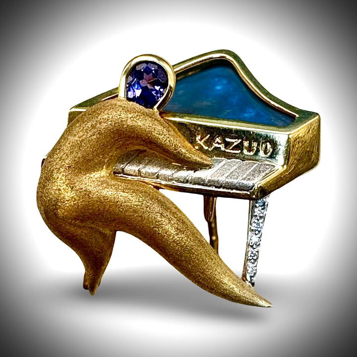 Designer Kazuo Ogana Diamond and Tanzanite Platinum and 18kt Yellow Gold Piano Pendant/Brooch