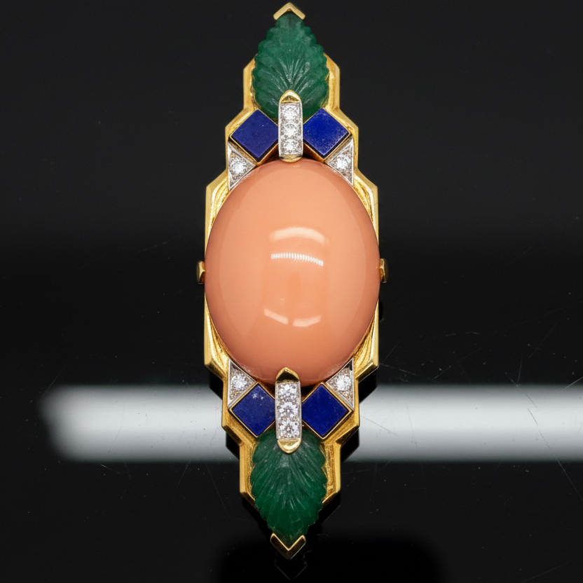 David Webb Coral, Emerald, Diamond and Lapis Lazuli Brooch