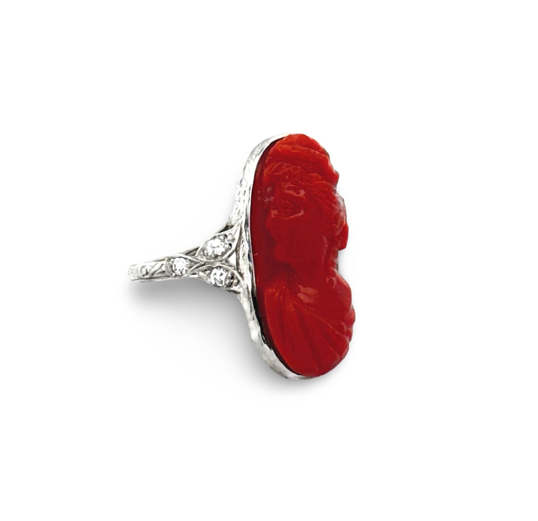 Art Deco Hand Carved Coral and Diamond Platinum Ring