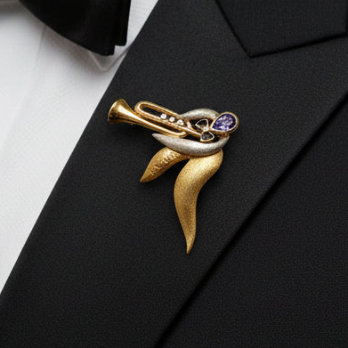 Designer Kazuo Ogana diamond, Tanzanite and Black Enamel Platinum and 18kt Yellow Gold Pendant/Brooch