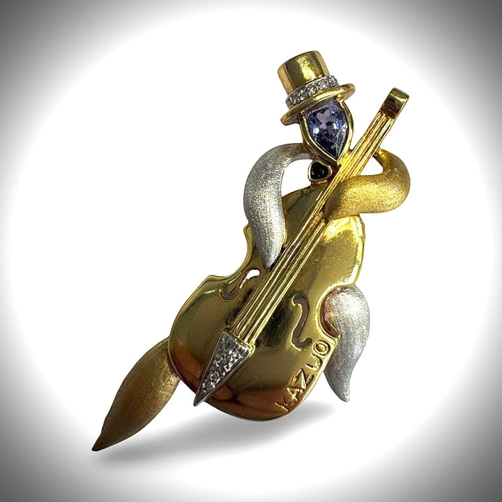 Designer Kazuo Ogana Diamond and Tanzanite Platinum and 18kt Yellow Gold Cello Pendant/Brooch
