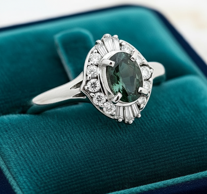 Natural Color Change Alexandrite and Diamond Platinum Ring