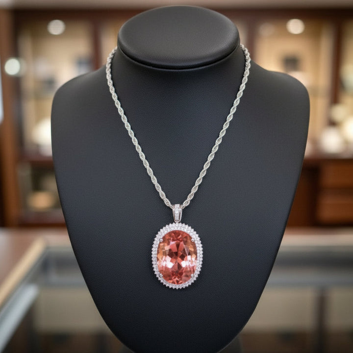 Estate Fine Oval 97.00 ct Morganite & 1.75 cttw Diamond 14K White Gold Pendant 15082