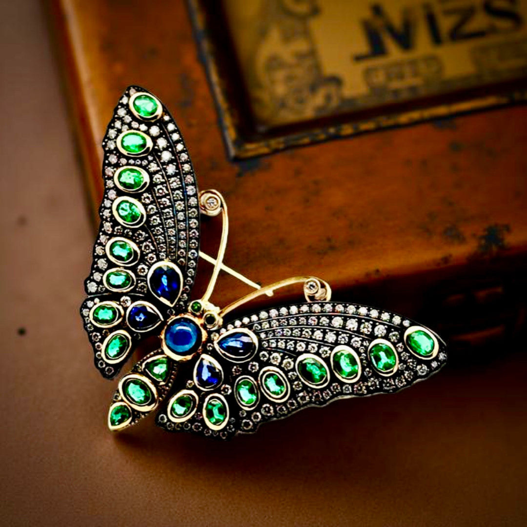 Estate Sapphire Emerald Diamond 14K Yellow Gold Silver Top Butterfly Brooch/Pendant 15337