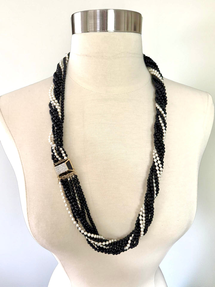 Diamond, Cultured Pearl and Onyx 9 Strand Yellow Gold Necklace