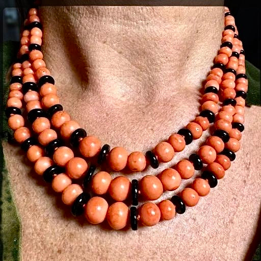 Italy Diamond, Coral and Onyx 18K Yellow Gold 3 Row Necklace