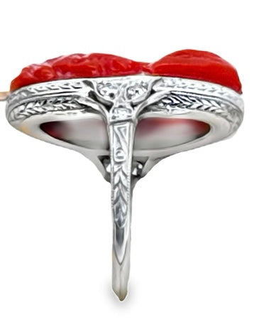 Art Deco Hand Carved Coral and Diamond Platinum Ring