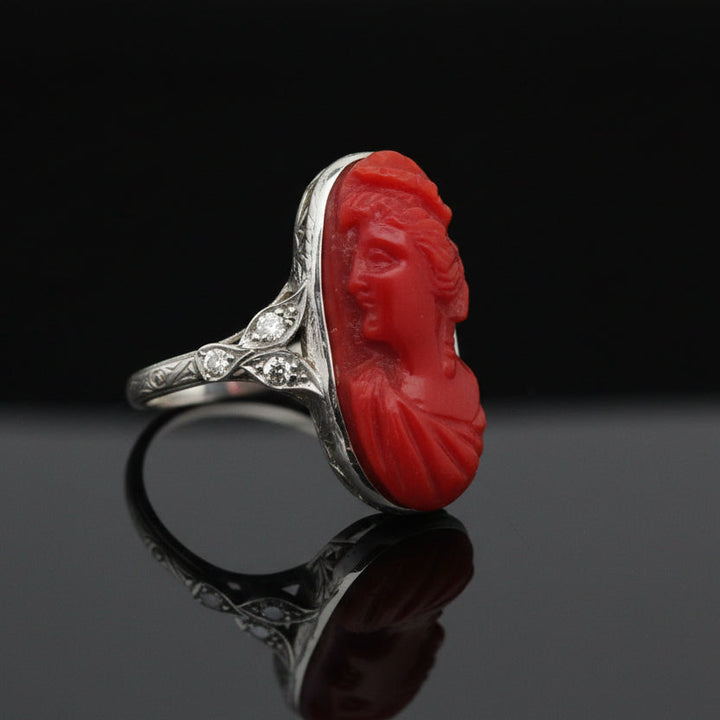 Art Deco Hand Carved Coral and Diamond Platinum Ring