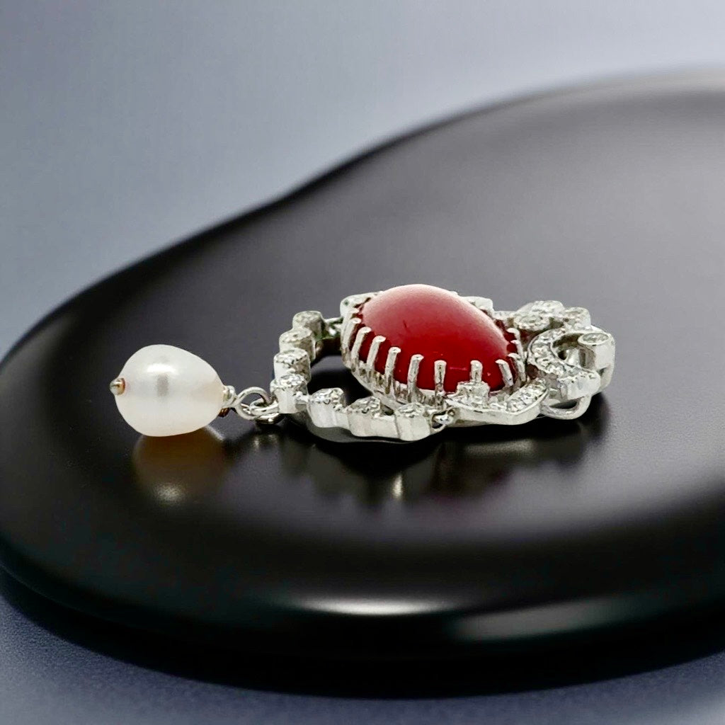 Coral and Diamond Platinum Pendant