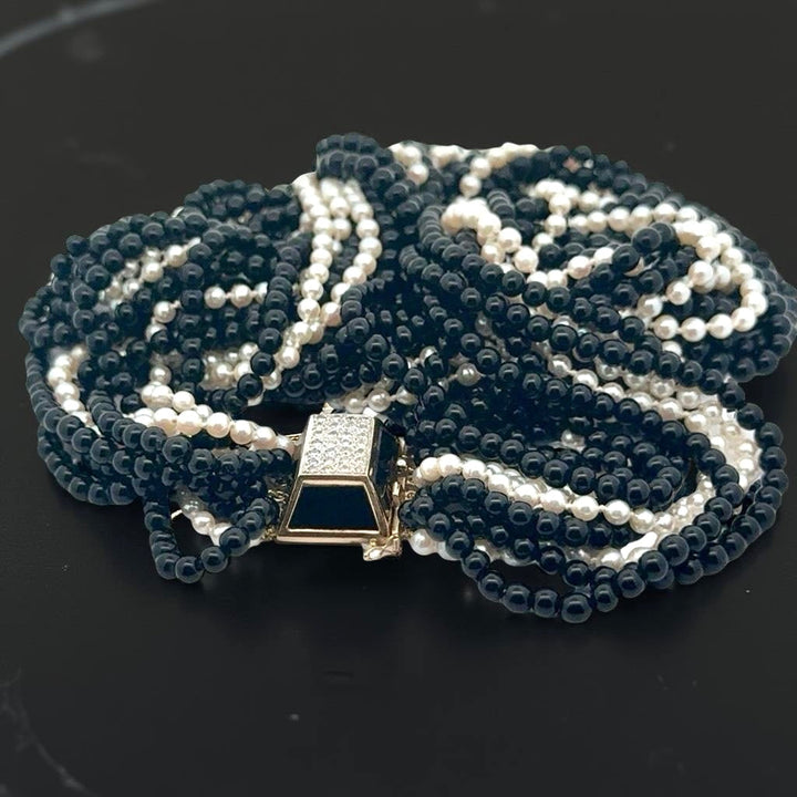 Diamond, Cultured Pearl and Onyx 9 Strand Yellow Gold Necklace