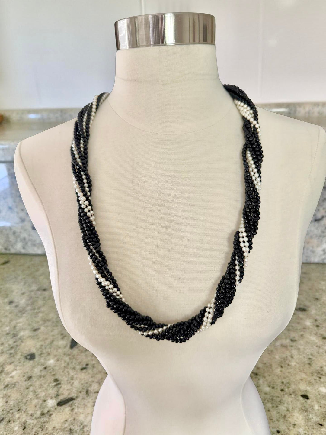 Diamond, Cultured Pearl and Onyx 9 Strand Yellow Gold Necklace