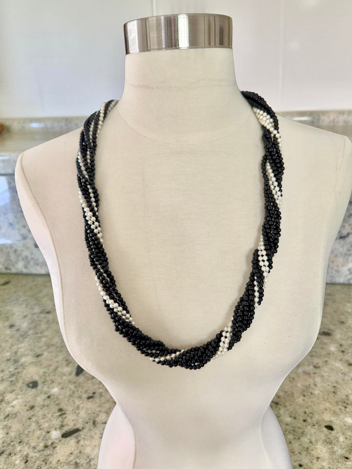 Diamond, Cultured Pearl and Onyx 9 Strand Yellow Gold Necklace